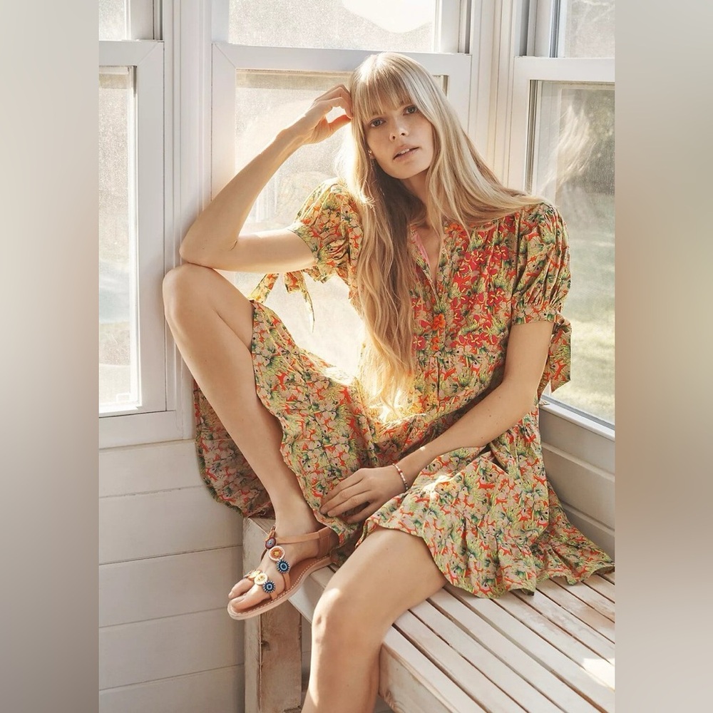 Anthropologie Floral Print Beaded Mini Dress